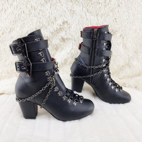 Vivika Goth Granny Ankle Boots Coffin Straps & Chain - Picture 13 of 16